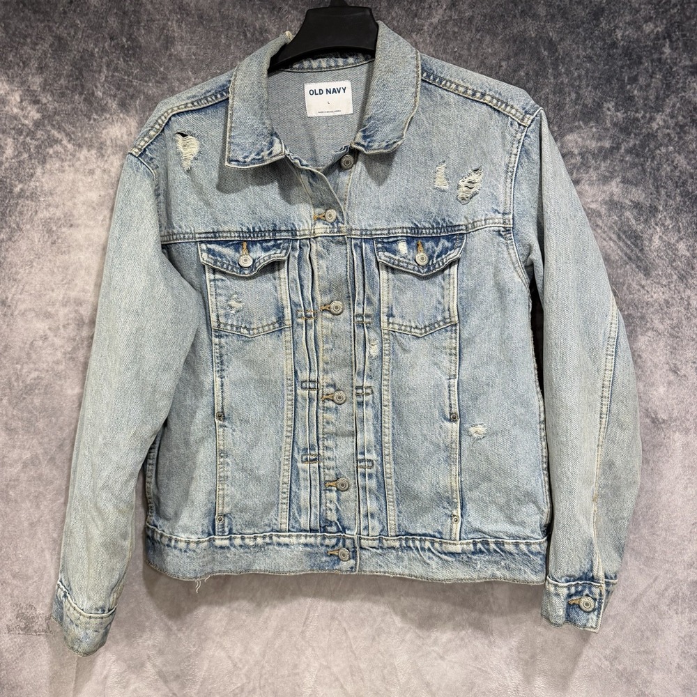 Old Navy Denim Jacket Womens Large Light Wash Distressed Ripped Jean Truck